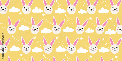 hand drawn Seamless pattern rabbits with clouds and stars. for Children's wallpapers.