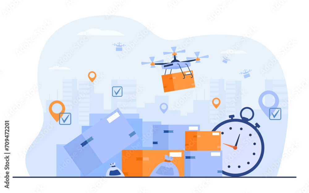 Drones delivering parcels in high season vector illustration. Carton boxes, destination points, check marks, stopwatch. Delivery failures due to high workload concept
