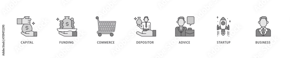 Angel investor icon set flow process which consists of capital, funding, commerce, depositor, advice, startup and business icon live stroke and easy to edit 
