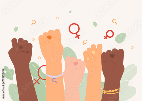 Women hands and Venus symbols vector illustration. Women fighting for their rights. Feminine empowerment, protest concept photo