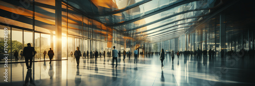Open lobby-office space. . Modern architecture. Lots of natural light. Office workers walking through office space wearing high-end expensive business suits. Blurred image. Motion blur