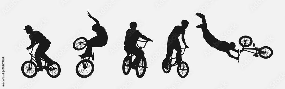 Fototapeta premium set of silhouettes of bmx biker, cyclists with different position, gesture, pose. extreme sport, bicycle, vehicle concept.