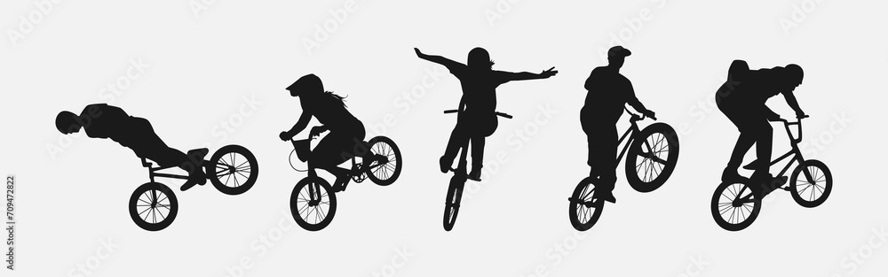 Naklejka premium Silhouette of BMX Bicycle Players. Sport, Competition, Hobby, Youth. isolated on white background. Vector Illustration.