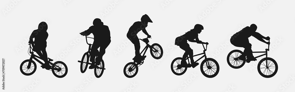 Obraz premium Silhouette of BMX Bicycle Players. Sport, Competition, Hobby, Youth. isolated on white background. Vector Illustration.