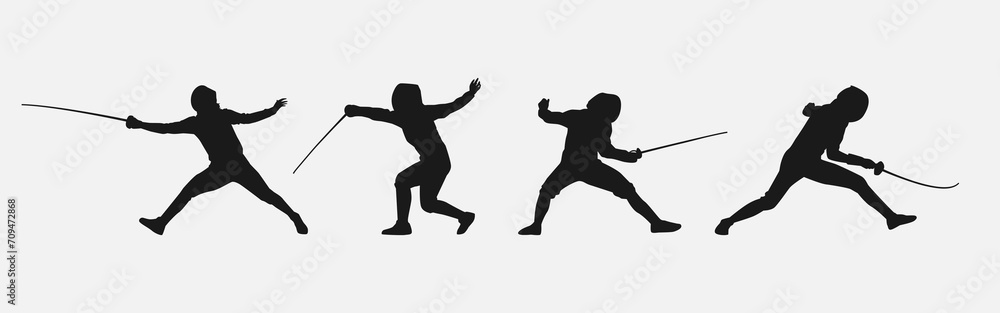 Set of silhouettes of fencing. Sport, athlete, fencing player. Isolated on white background. Graphic Vector Illustration. - obrazy, fototapety, plakaty 