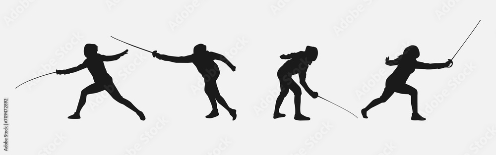 Set of silhouettes of fencing. Sport, athlete, fencing player. Isolated on white background. Graphic Vector Illustration.