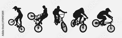 set of silhouettes of bmx biker, cyclists with different position, gesture, pose. extreme sport, bicycle, vehicle concept. photo