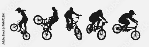 set of silhouettes of bmx biker, cyclists with different position, gesture, pose. extreme sport, bicycle, vehicle concept.