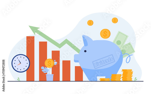 Piggy bank with dividends vector illustration. Money tree, banknotes and coins, diagram with growing income. Money investment, dividend income concept