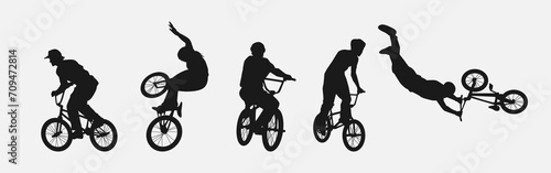 set of silhouettes of bmx biker, cyclists with different position, gesture, pose. extreme sport, bicycle, vehicle concept.