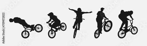 Silhouette of BMX Bicycle Players. Sport, Competition, Hobby, Youth. isolated on white background. Vector Illustration.
