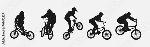 Silhouette of BMX Bicycle Players. Sport, Competition, Hobby, Youth. isolated on white background. Vector Illustration.