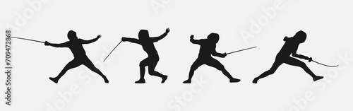 Set of silhouettes of fencing. Sport, athlete, fencing player. Isolated on white background. Graphic Vector Illustration. © Irkhamsterstock