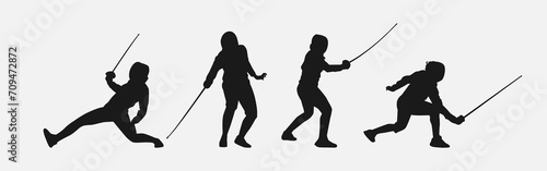 Set of silhouettes of fencing. Sport, athlete, fencing player. Isolated on white background. Graphic Vector Illustration.