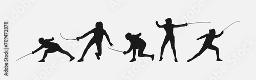 Set of silhouettes of fencing. Sport, athlete, fencing player. Isolated on white background. Graphic Vector Illustration.