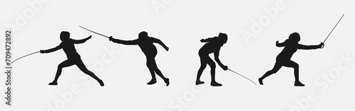 Set of silhouettes of fencing. Sport, athlete, fencing player. Isolated on white background. Graphic Vector Illustration. photo