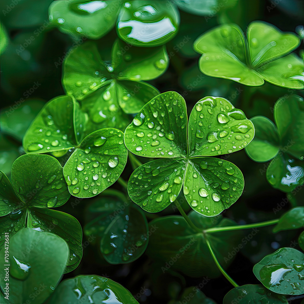 Lucky four leaf clover with dew rain drops on green leaves Lucky four leaf clover with dew rain drops on green leaves