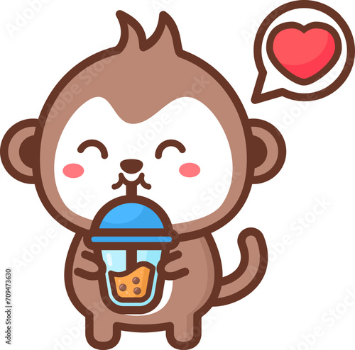 Cute monkey loves drink bubble tea cartoon illustration