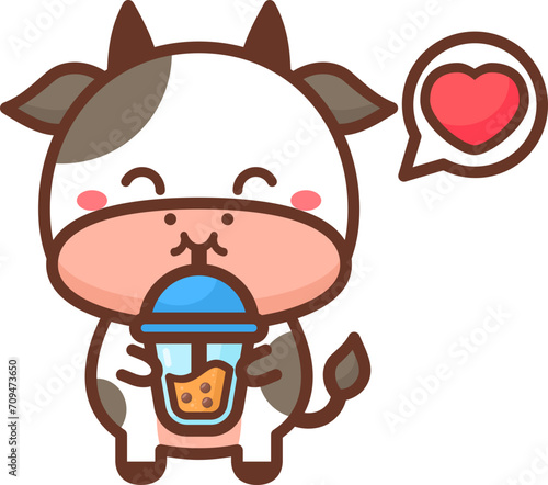 Cute cow loves drink bubble tea cartoon illustration