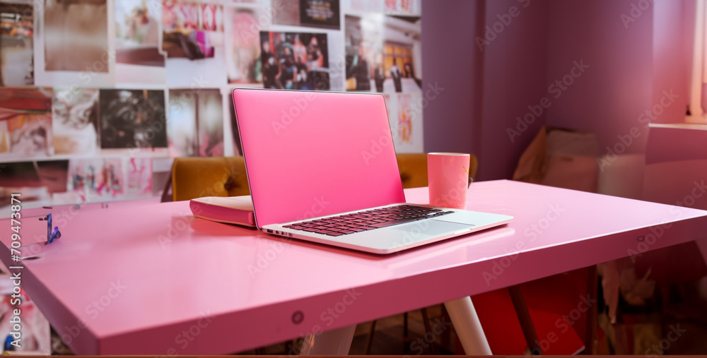 laptop in cafe, laptop on table in cafe, laptop in cafe, Macbook in pink on the table