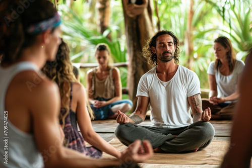 Photo A meditation instructor guiding a group of people in a relaxing session
