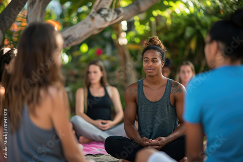 A meditation instructor guiding a group of people in a relaxing session
