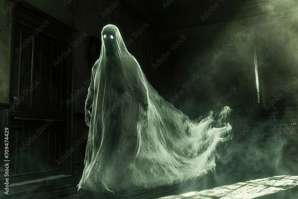 spooky scene with a ghost-like figure covered in flowing white fabric that appears translucent and ethereal spooky scene with a ghost-like figure covered in flowing white fabric that appears translucent and ethereal