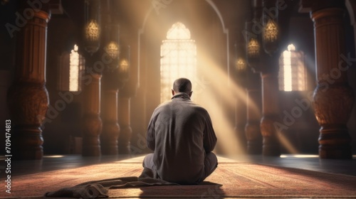 Islamic concept photo. Muslim man praying in the mosque and sunlight rays with haze in the morning. Ramadan or kandil or laylat al-qadr or kadir gecesi background photo. copy space - generative ai