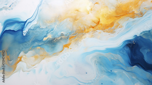 White, blue and golden overflowing colors. Liquid acrylic picture that flows and splash