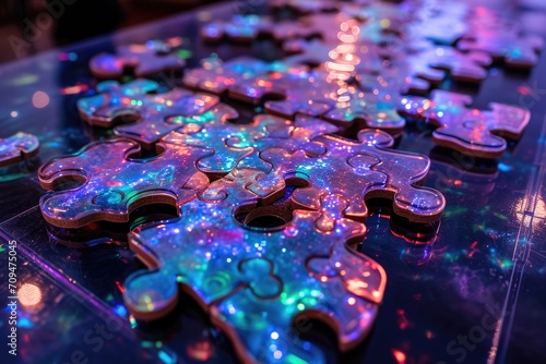 incomplete jigsaw puzzle with pieces that have a colorful and vibrant galaxy print photo