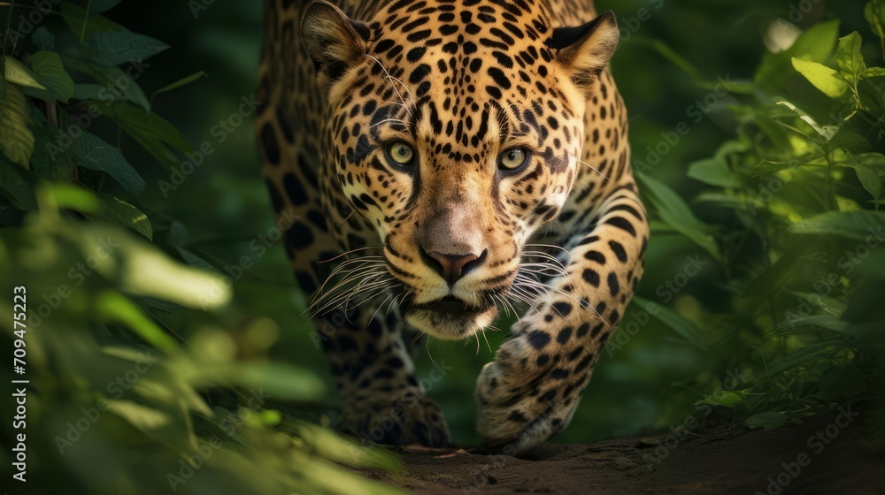 Majestic leopard strolling through a vibrant green forest Majestic leopard strolling through a vibrant green forest