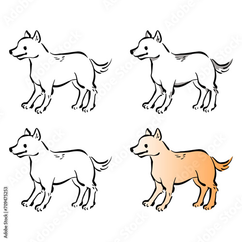 犬の和風ベクターイラストセット（線画、影付き、白黒、グラデーション）。