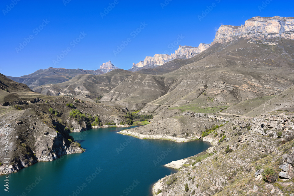 Panorama of the Gizhgit Lake in the Caucasus Mountains
