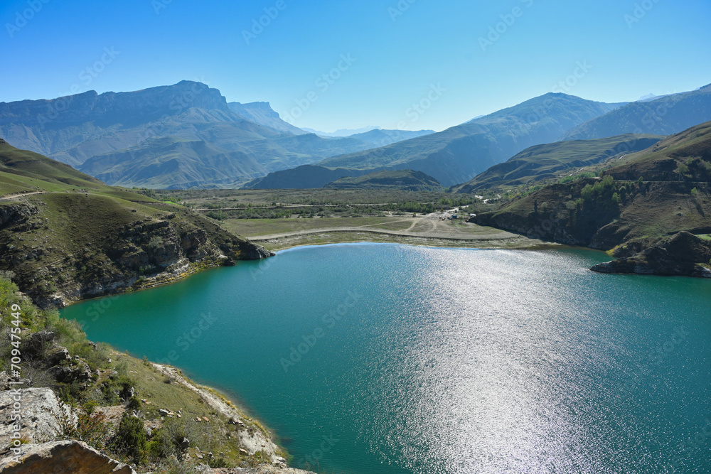 Morning landscape of the Gizhgit mountain lake