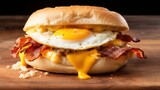 Close-up of a greasy and delicious breakfast sandwich with eggs, bacon, and cheese on a buttered bun