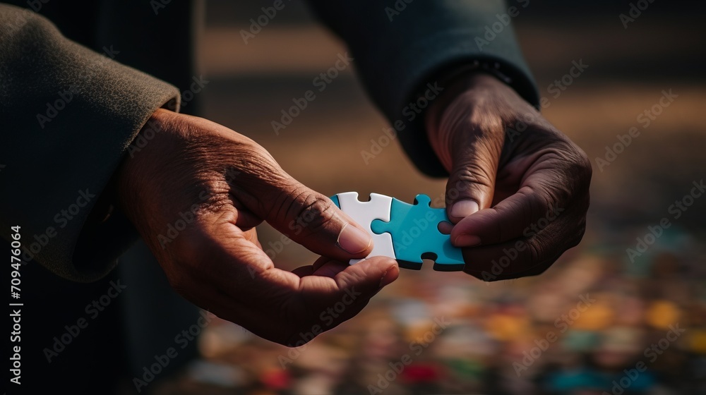 Close-up of a person's hand holding a puzzle piece with a peace symbol