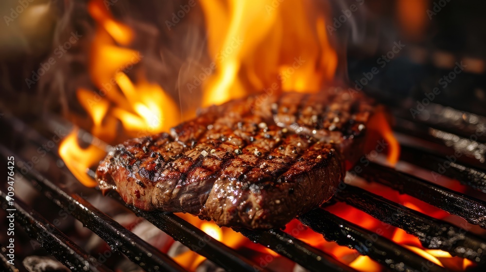 Juicy Steak Grilling Over Open Flame, BBQ Season Cuisine Juicy Steak Grilling Over Open Flame, BBQ Season Cuisine