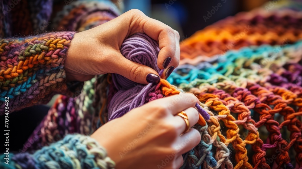 Close-up of hands loom knitting a colorful infinity scarf Close-up of hands loom knitting a colorful infinity scarf