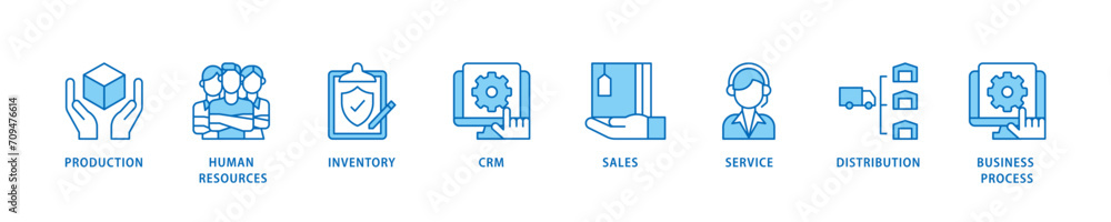 Enterprise resource planning icon set flow process which consists of production, human resources, inventory, crm, sales, service icon live stroke and easy to edit  - obrazy, fototapety, plakaty 