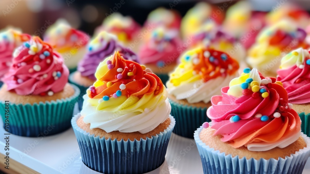 Colorful LGBTQ pride-themed cupcakes beautifully arranged on a dessert table, ready to be enjoyed at a festive event