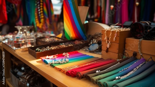 Colorful LGBTQ pride-themed accessories and flags displayed at a market stall