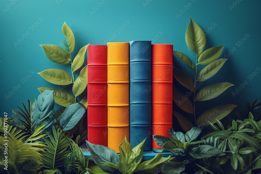 Four books of different colors, on a table, among the plants, with a light blue background. International book day theme.