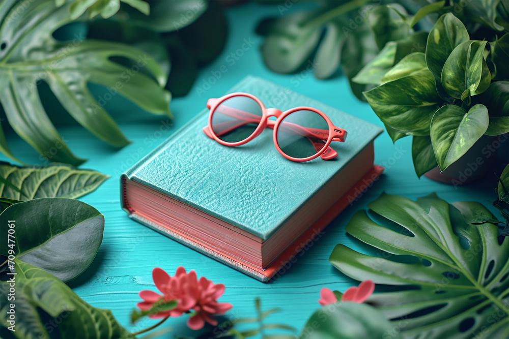 Pink glasses on a book, all on a table, among plants and pink flowers, with water green background. Theme of the international book day.