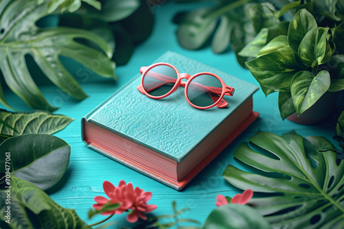 Obraz na płótnie Pink glasses on a book, all on a table, among plants and pink flowers, with water green background. Theme of the international book day. w salonie