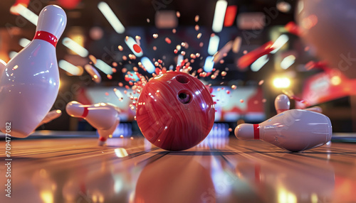 a red bowling ball is crashing through the pins photo