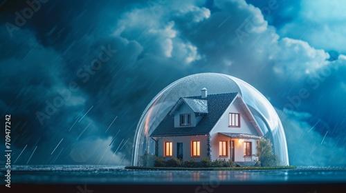 Residential House Safeguarded by a Transparent Dome During a Severe Storm, Concept of Home Protection and Insurance photo