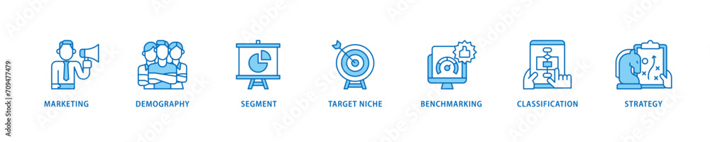 Market segmentation icon set flow process which consists of marketing, demography, segment, target niche, benchmarking, classification, strategy icon live stroke and easy to edit  - obrazy, fototapety, plakaty 
