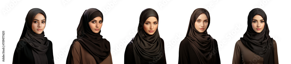 Collection portrait of a Muslim woman wearing a black hijab isolated on a transparent background Collection portrait of a Muslim woman wearing a black hijab isolated on a transparent background