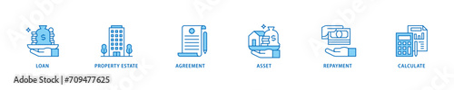 Mortgage icon set flow process which consists of loan, property estate, agreement, asset, repayment and calculate icon live stroke and easy to edit  photo