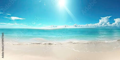 Tropical bliss. Tranquil beach scene with golden sand crystal clear waters and vibrant blue sky perfect for summer vacation concepts and relaxation themes